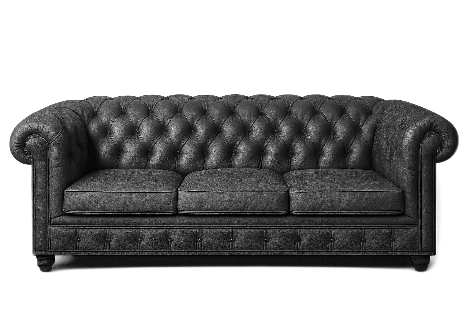 Worn black-and-white leather chesterfield sofa